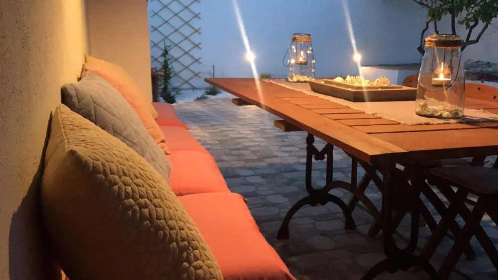 At the rear of the house is our lovely courtyard! Quiet and private, with dining table in the pergola area and sun beds in the open space, promises unforgettable moments for all times ..